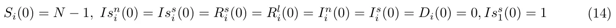 Si(0) = N −1, Isn i (0) = Iss i(0) = Rs i (0) = Rl i(0) = In i (0) = Is i (0) = Di(0) = 0, Iss 1(0) = 1 (14)