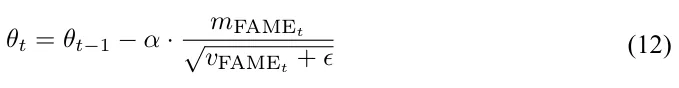 θt = θt−1 −α · mFAMEt √vFAMEt + ϵ (12)