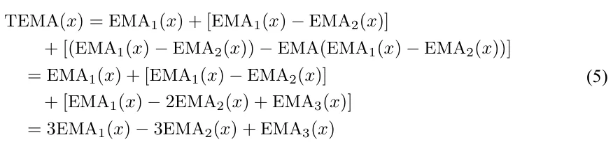 TEMA(x) = EMA1(x) + [EMA1(x) −EMA2(x)] + [(EMA1(x) −EMA2(x)) −EMA(EMA1(x) −EMA2(x))] = EMA1(x) + [EMA1(x) −EMA2(x)] + [EMA1(x) −2EMA2(x) + EMA3(x)] = 3EMA1(x) −3EMA2(x) + EMA3(x) (5)