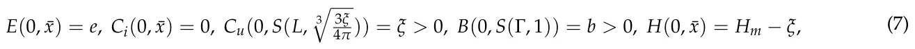 E(0, ¯x) = e, Ci(0, ¯x) = 0, Cu(0, S(L, 3q 3ξ 4π )) = ξ > 0, B(0, S(Γ, 1)) = b > 0, H(0, ¯x) = Hm −ξ, (7)