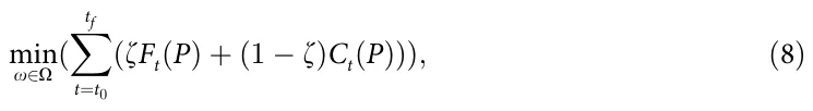 min ο∈O ( ∑ tf t=t0 (ζFt(P) + (1 − ζ)Ct(P))); (8)