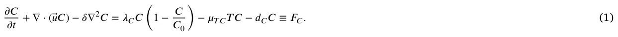 𝜕𝐶 𝜕𝑡+ ∇⋅(⃖⃗𝑢𝐶) −𝛿∇2𝐶= 𝜆𝐶𝐶 1 −𝐶 𝐶0 −𝜇𝑇𝐶𝑇𝐶−𝑑𝐶𝐶≡𝐹𝐶. (1)