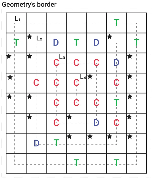 Fig. 2. An example of the locations in which new T and dendritic cells are added to the geometry where existing cancer, dendritic, and T cells are marked by 𝐶, 𝐷, and 𝑇, respectively. New dendritic cells are added next to cancers in locations marked by a star icon, in a uniform manner. T cells are added to unoccupied locations in the first layer from the geometry’s border (marked by 𝐿1) and continue to inner layers, as needed.
