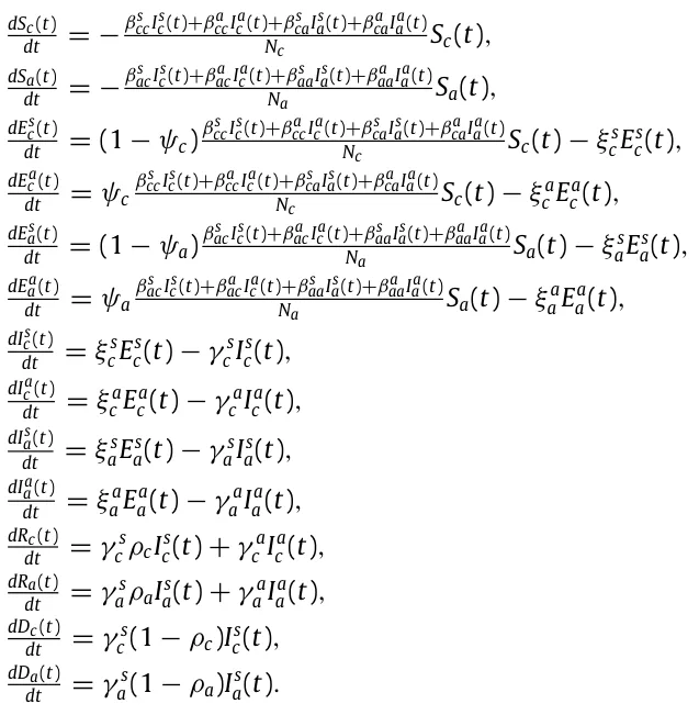 dSc(t) dt = −βs ccIs c(t)+βa ccIa c (t)+βs caIs a(t)+βa caIa a (t) Nc Sc(t), dSa(t) dt = −βs acIs c(t)+βa acIa c (t)+βs aaIs a(t)+βa aaIa a (t) Na Sa(t), dEs c(t) dt = (1 −ψc) βs ccIs c(t)+βa ccIa c (t)+βs caIs a(t)+βa caIa a (t) Nc Sc(t) −ξ s c Es c(t), dEa c (t) dt = ψc βs ccIs c(t)+βa ccIa c (t)+