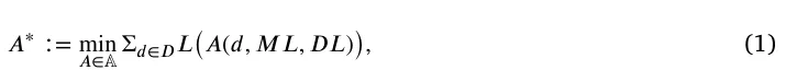 𝐴 ∗ ∶= min 𝐴∈A Σ 𝑑∈𝐷 𝐿(𝐴(𝑑, 𝑀𝐿, 𝐷𝐿) ) , (1)