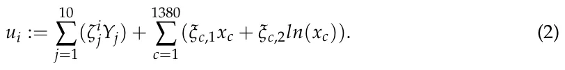 ui := 10 ∑ j=1 (ζi jYj) + 1380 ∑ c=1 (ξc,1xc + ξc,2ln(xc)). (2)