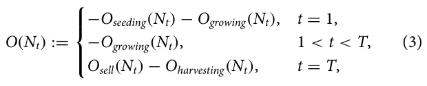 O(Nt) := ⎧ ⎪⎨ −Oseeding(Nt) −Ogrowing(Nt), t = 1, −Ogrowing(Nt), 1 < t < T, Osell(Nt) −Oharvesting(Nt), t = T, (3)