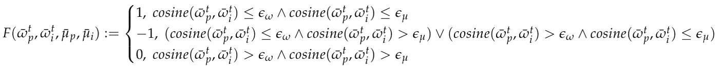 F( ¯ωt p, ¯ωt i, ¯µp, ¯µi) := ⎧ ⎪ ⎨ ⎪ ⎩ 1, cosine( ¯ωt p, ¯ωt i) ≤ϵω ∧cosine( ¯ωt p, ¯ωt i) ≤ϵµ −1, (cosine( ¯ωt p, ¯ωt i) ≤ϵω ∧cosine( ¯ωt p, ¯ωt i) > ϵµ) ∨(cosine( ¯ωt p, ¯ωt i) > ϵω ∧cosine( ¯ωt p, ¯ωt i) ≤ϵµ) 0, cosine( ¯ωt p, ¯ωt i) > ϵω ∧cosine( ¯ωt p, ¯ωt i) > ϵµ