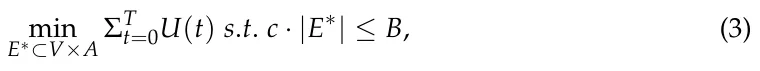 min E∗⊂V×A ΣT t=0U(t) s.t. c · |E∗| ≤B, (3)