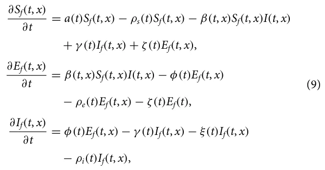 ∂Sf(t, x) ∂t = a(t)Sf(t, x) −ρs(t)Sf(t, x) −β(t, x)Sf(t, x)I(t, x) + γ (t)If(t, x) + ζ(t)Ef(t, x), ∂Ef(t, x) ∂t = β(t, x)Sf(t, x)I(t, x) −φ(t)Ef(t, x) −ρe(t)Ef(t, x) −ζ(t)Ef(t), ∂If(t, x) ∂t = φ(t)Ef(t, x) −γ (t)If(t, x) −ξ(t)If(t, x) −ρi(t)If(t, x), (9)