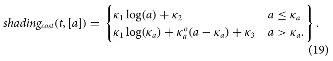 shadingcost(t, [a]) = ( κ1 log(a) + κ2 a ≤κa κ1 log(κa) + κo a(a −κa) + κ3 a > κa. ) . (19)