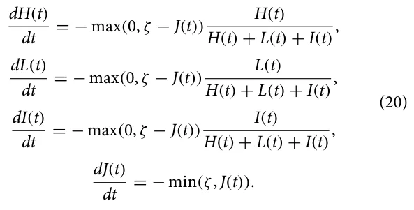 dH(t) dt = −max(0, ζ −J(t)) H(t) H(t) + L(t) + I(t), dL(t) dt = −max(0, ζ −J(t)) L(t) H(t) + L(t) + I(t), dI(t) dt = −max(0, ζ −J(t)) I(t) H(t) + L(t) + I(t), dJ(t) dt = −min(ζ, J(t)). (20)