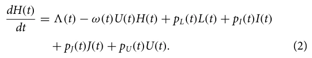 dH(t) dt = 3(t) −ω(t)U(t)H(t) + pL(t)L(t) + pI(t)I(t) + pJ(t)J(t) + pU(t)U(t). (2)