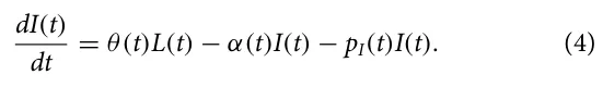 dI(t) dt = θ(t)L(t) −α(t)I(t) −pI(t)I(t). (4)