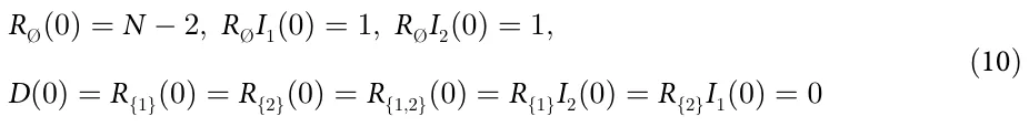 R(0) = N − 2; RI1(0) = 1; RI2(0) = 1; D(0) = R{1}(0) = R{2}(0) = R{1;2}(0) = R{1}I2(0) = R{2}I1(0) = 0 (10)