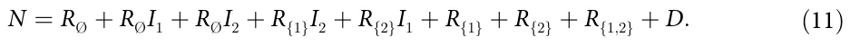 N = R + RI1 + RI2 + R{1}I2 + R{2}I1 + R{1} + R{2} + R{1;2} + D: (11)