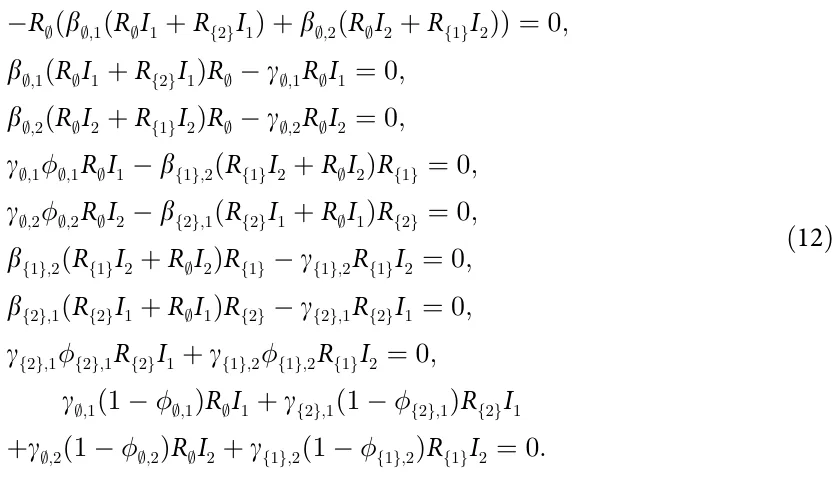 − R∅(β∅;1(R∅I1 + R{2}I1) + β∅;2(R∅I2 + R{1}I2)) = 0; β∅;1(R∅I1 + R{2}I1)R∅ − γ∅;1R∅I1 = 0; β∅;2(R∅I2 + R{1}I2)R∅ − γ∅;2R∅I2 = 0; γ∅;1∅;1R∅I1 − β{1};2(R{1}I2 + R∅I2)R{1} = 0; γ∅;2∅;2R∅I2 − β{2};1(R{2}I1 + R∅I1)R{2} = 0; β{1};2(R{1}I2 + R∅I2)R{1} − γ{1};2R{1}I2 = 0; β{2};1(R{2}I1 + R∅I1)R{2} − γ{2};1R