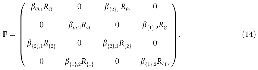 F = β;1R 0 β{2};1R 0 0 β;2R 0 β{1};2R β{2};1R{2} 0 β{2};1R{2} 0 0 β{1};2R{1} 0 β{1};2R{1} ⎜ ⎜ ⎜ ⎜ ⎜ ⎜ ⎜ ⎝ ⎟ ⎟ ⎟ ⎟ ⎟ ⎟ ⎟ ⎠ : (14)