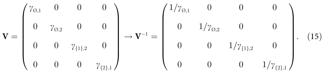 V = γ;1 0 0 0 0 γ;2 0 0 0 0 γ{1};2 0 0 0 0 γ{2};1 ⎜ ⎜ ⎜ ⎜ ⎜ ⎜ ⎜ ⎝ ⎟ ⎟ ⎟ ⎟ ⎟ ⎟ ⎟ ⎠ → V− 1 = 1=γ;1 0 0 0 0 1=γ;2 0 0 0 0 1=γ{1};2 0 0 0 0 1=γ{2};1 ⎜ ⎜ ⎜ ⎜ ⎜ ⎜ ⎜ ⎝ ⎟ ⎟ ⎟ ⎟ ⎟ ⎟ ⎟ ⎠ : (15)