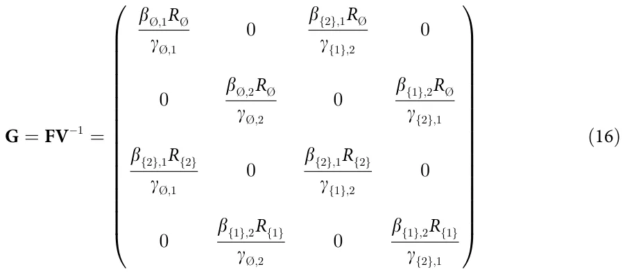 G = FV− 1 = β;1R γ;1 0 β{2};1R γ{1};2 0 0 β;2R γ;2 0 β{1};2R γ{2};1 β{2};1R{2} γ;1 0 β{2};1R{2} γ{1};2 0 0 β{1};2R{1} γ;2 0 β{1};2R{1} γ{2};1 ⎜ ⎜ ⎜ ⎜ ⎜ ⎜ ⎜ ⎜ ⎜ ⎜ ⎜ ⎜ ⎜ ⎜ ⎜ ⎜ ⎜ ⎝ ⎟ ⎟ ⎟ ⎟ ⎟ ⎟ ⎟ ⎟ ⎟ ⎟ ⎟ ⎟ ⎟ ⎟ ⎟ ⎟ ⎟ ⎠ (16)