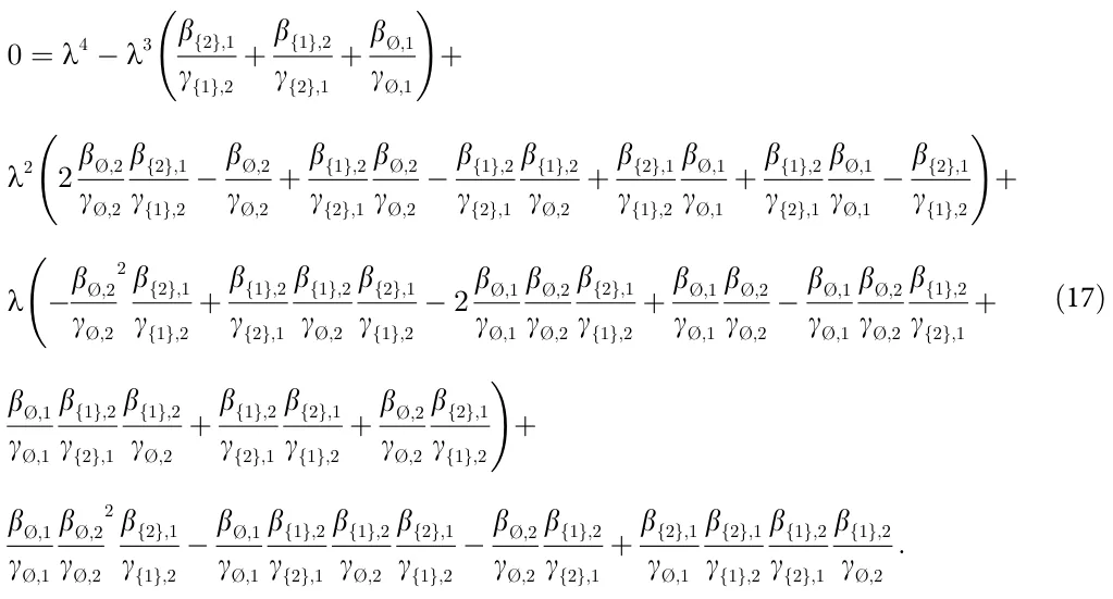 0 = λ4 − λ3 β{2};1 γ{1};2 + β{1};2 γ{2};1 + β;1 γ;1 + λ2 2 β;2 γ;2 β{2};1 γ{1};2 − β;2 γ;2 + β{1};2 γ{2};1 β;2 γ;2 − β{1};2 γ{2};1 β{1};2 γ;2 + β{2};1 γ{1};2 β;1 γ;1 + β{1};2 γ{2};1 β;1 γ;1 − β{2};1 γ{1};2 ) + λ − β;2 γ;2 2 β{2};1 γ{1};2 + β{1};2 γ{2};1 β{1};2 γ;2 β{2};1 γ{1};2 − 2 β;1 γ;1 β;2 γ;2 β