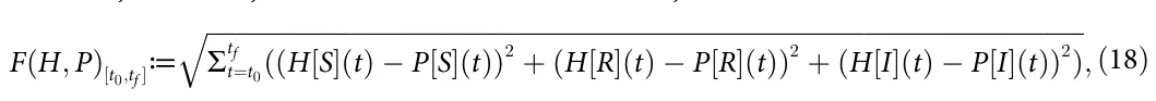 F(H; P)[t0;tf ]≔ ∑ tf t=t0((H[S](t) − P[S](t)) 2 + (H[R](t) − P[R](t)) 2 + (H[I](t) − P[I](t)) 2) √ ; (18)