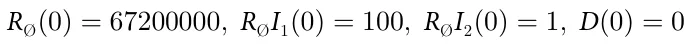 R(0) = 67200000; RI1(0) = 100; RI2(0) = 1; D(0) = 0