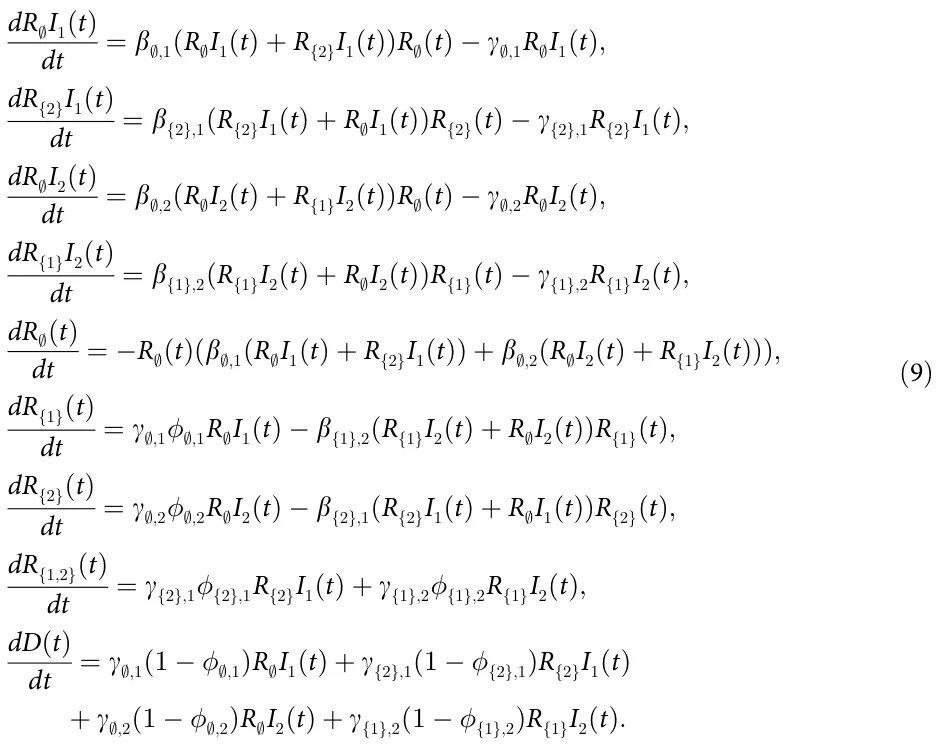 dR∅I1(t) dt = β∅;1(R∅I1(t) + R{2}I1(t))R∅(t) − γ∅;1R∅I1(t); dR{2}I1(t) dt = β{2};1(R{2}I1(t) + R∅I1(t))R{2}(t) − γ{2};1R{2}I1(t); dR∅I2(t) dt = β∅;2(R∅I2(t) + R{1}I2(t))R∅(t) − γ∅;2R∅I2(t); dR{1}I2(t) dt = β{1};2(R{1}I2(t) + R∅I2(t))R{1}(t) − γ{1};2R{1}I2(t); dR∅(t) dt = − R∅(t)(β∅;1(R∅I1(t) + R{2}I