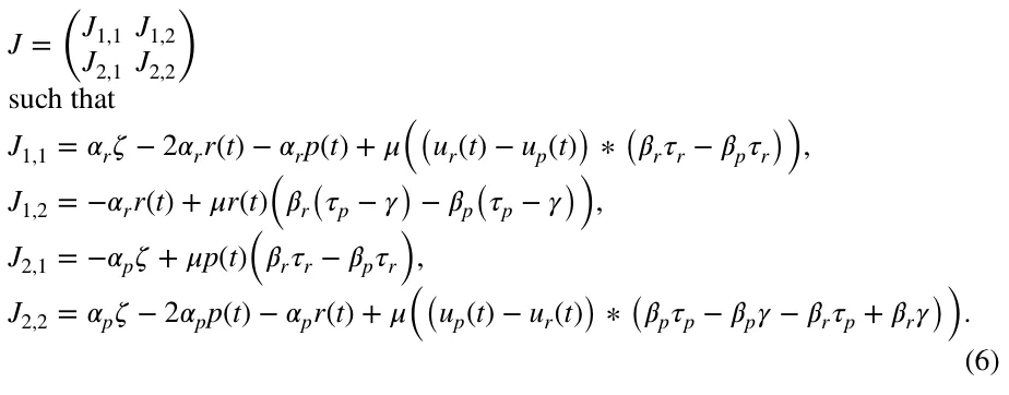 (6) J = ( J1,1 J1,2 J2,1 J2,2 ) such that J1,1 = 훼r휁−2훼rr(t) −훼rp(t) + 휇 ((ur(t) −up(t)) ∗(훽r휏r −훽p휏r )) , J1,2 = −훼rr(t) + 휇r(t) ( 훽r ( 휏p −훾) −훽p (휏p −훾)) , J2,1 = −훼p휁+ 휇p(t) ( 훽r휏r −훽p휏r ) , J2,2 = 훼p휁−2훼pp(t) −훼pr(t) + 휇 ((up(t) −ur(t)) ∗(훽p휏p −훽p훾−훽r휏p + 훽r훾)) .