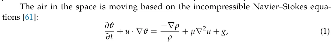 The air in the space is moving based on the incompressible Navier–Stokes equa- tions [61]: ∂ϑ ∂t + u · ∇ϑ = −∇ρ ρ + µ∇2u + g, (1)