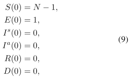 S(0) = N −1, E(0) = 1, Is(0) = 0, Ia(0) = 0, R(0) = 0, D(0) = 0, (9)