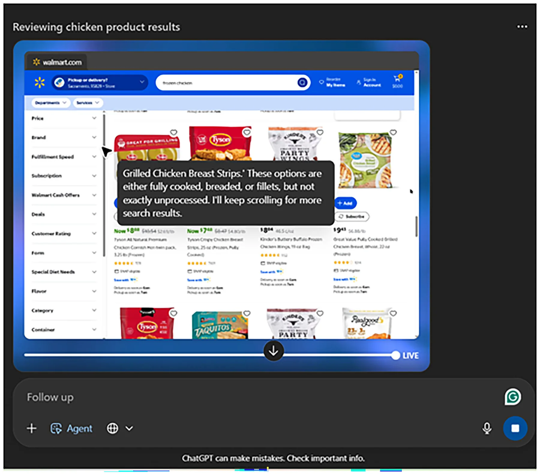 Fig. 1 | Example of an autonomous LLM agent performing a shopping task in a consumer retail interface. An autonomous agent, operating within OpenAI’s ChatGPT-5 interface, conducts a budget-constrained shopping task on the Walmart website. The screenshot shows the agent searching for items, applying budget rules,