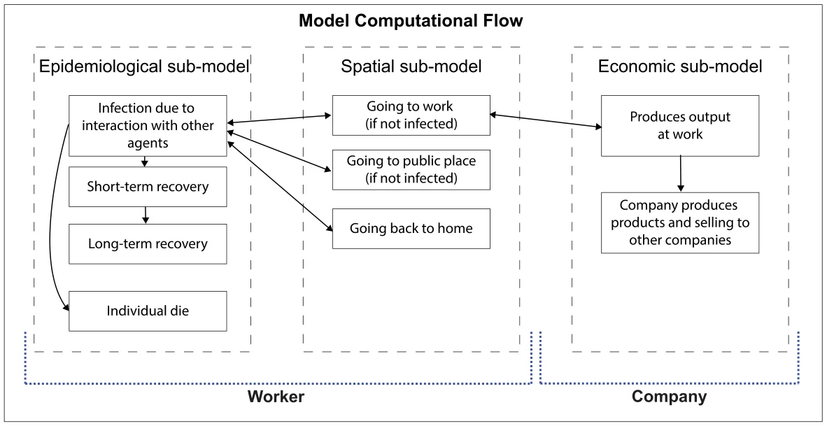 Fig. 1. Schematic view of the model, divided into the sub-models and the connections between them. In addition, a division into the two agent types participates in the agent-based implementation of the model. Formally, the model is divided into epidemiological (temporal), spatial (driven by sociological practices), and economic sub-models such that the economic sub-model indicates the locations of individuals over time which in turn affects the spread of the pathogen and vice-versa. The epidemiological and spatial logic is implemented in the simulator using a worker entity. The economic dynamics are implemented by a company entity such that each company has a list of workers.