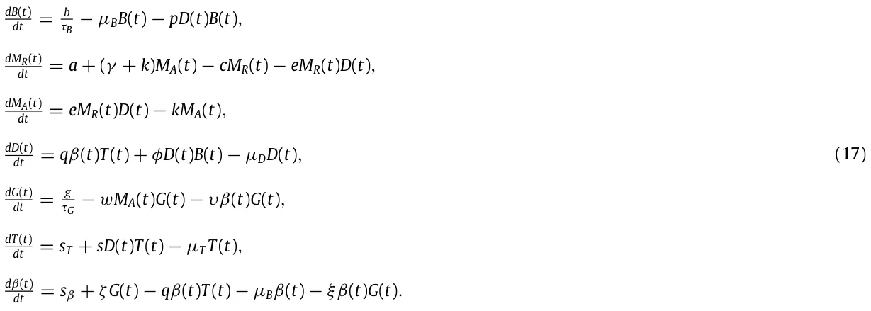 dB(t) dt = b τB −µBB(t) −pD(t)B(t), dMR(t) dt = a + (γ + k)MA(t) −cMR(t) −eMR(t)D(t), dMA(t) dt = eMR(t)D(t) −kMA(t), dD(t) dt = qβ(t)T(t) + φD(t)B(t) −µDD(t), dG(t) dt = g τG −wMA(t)G(t) −υβ(t)G(t), dT (t) dt = sT + sD(t)T (t) −µT T (t), dβ(t) dt = sβ + ζG(t) −qβ(t)T(t) −µBβ(t) −ξβ(t)G(t). (17)