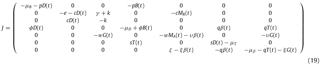 J = ⎛ ⎜⎜⎜⎜⎜⎜⎜⎜⎝ −µB −pD(t) 0 0 −pB(t) 0 0 0 0 −e −cD(t) γ + k 0 −cMR(t) 0 0 0 cD(t) −k 0 0 0 0 φD(t) 0 0 −µD + φB(t) 0 qβ(t) qT (t) 0 0 −wG(t) 0 −wMA(t) −υβ(t) 0 −υG(t) 0 0 0 sT (t) 0 sD(t) −µT 0 0 0 0 0 ζ −ξβ(t) −qβ(t) −µβ −qT (t) −ξG(t) ⎞ ⎟⎟⎟⎟⎟⎟⎟⎟⎠ (19)