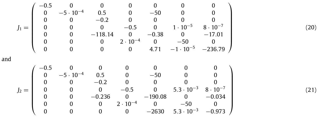 J1 = ⎛ ⎜⎜⎜⎜⎜⎜⎜⎝ −0.5 0 0 0 0 0 0 0 −5 · 10−4 0.5 0 −50 0 0 0 0 −0.2 0 0 0 0 0 0 0 −0.5 0 1 · 10−5 8 · 10−7 0 0 −118.14 0 −0.38 0 −17.01 0 0 0 2 · 10−4 0 −50 0 0 0 0 0 4.71 −1 · 10−5 −236.79 ⎞ ⎟⎟⎟⎟⎟⎟⎟⎠ (20) and J2 = ⎛ ⎜⎜⎜⎜⎜⎜⎜⎝ −0.5 0 0 0 0 0 0 0 −5 · 10−4 0.5 0 −50 0 0 0 0 −0.2 0 0 0 0 0 0 0 −0.5 0 5