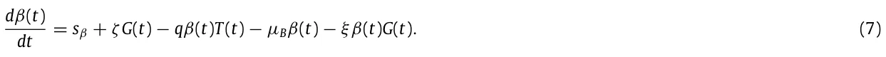 dβ(t) dt = sβ + ζG(t) −qβ(t)T(t) −µBβ(t) −ξβ(t)G(t). (7)