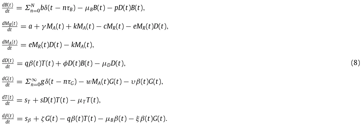 dB(t) dt = ΣN n=0bδ(t −nτB) −µBB(t) −pD(t)B(t), dMR(t) dt = a + γ MA(t) + kMA(t) −cMR(t) −eMR(t)D(t), dMA(t) dt = eMR(t)D(t) −kMA(t), dD(t) dt = qβ(t)T(t) + φD(t)B(t) −µDD(t), dG(t) dt = Σ∞ n=0gδ(t −nτG) −wMA(t)G(t) −υβ(t)G(t), dT (t) dt = sT + sD(t)T (t) −µT T (t), dβ(t) dt = sβ + ζG(t) −qβ(t)T(t) 