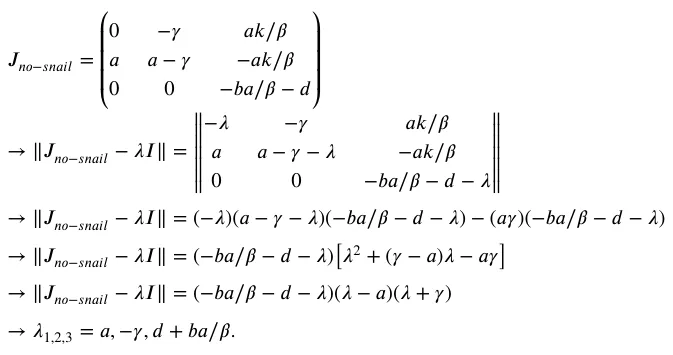 𝐽𝑛𝑜−𝑠𝑛𝑎𝑖𝑙= ⎛ ⎜ ⎜ ⎜⎝ 0 −𝛾 𝑎𝑘∕𝛽 𝑎 𝑎−𝛾 −𝑎𝑘∕𝛽 0 0 −𝑏𝑎∕𝛽−𝑑 ⎞ ⎟ ⎟ ⎟⎠ →‖𝐽𝑛𝑜−𝑠𝑛𝑎𝑖𝑙−𝜆𝐼‖ = ‖‖‖‖‖‖‖ −𝜆 −𝛾 𝑎𝑘∕𝛽 𝑎 𝑎−𝛾−𝜆 −𝑎𝑘∕𝛽 0 0 −𝑏𝑎∕𝛽−𝑑−𝜆 ‖‖‖‖‖‖‖ →‖𝐽𝑛𝑜−𝑠𝑛𝑎𝑖𝑙−𝜆𝐼‖ = (−𝜆)(𝑎−𝛾−𝜆)(−𝑏𝑎∕𝛽−𝑑−𝜆) −(𝑎𝛾)(−𝑏𝑎∕𝛽−𝑑−𝜆) →‖𝐽𝑛𝑜−𝑠𝑛𝑎𝑖𝑙−𝜆𝐼‖ = (−𝑏𝑎∕𝛽−𝑑−𝜆)[𝜆2 + (𝛾−𝑎)𝜆−𝑎𝛾] →‖𝐽𝑛𝑜−𝑠𝑛𝑎𝑖𝑙−𝜆𝐼‖ = (−𝑏𝑎∕𝛽−𝑑−𝜆)(𝜆−𝑎)(𝜆+ 𝛾) →𝜆1,2,3 = 𝑎, −𝛾, 𝑑+