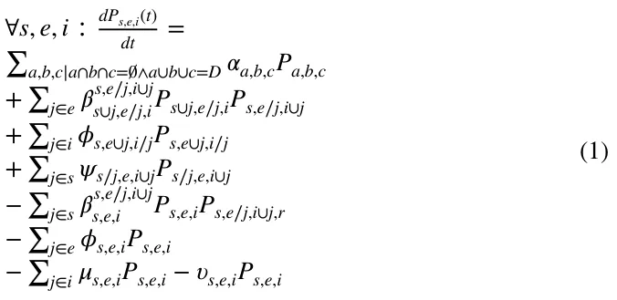 (1) ∀s, e, i ∶ dPs,e,i(t) dt = ∑ a,b,ca∩b∩c=∧a∪b∪c=D 훼a,b,cPa,b,c + ∑ j∈e 훽s,e∕j,i∪j s∪j,e∕j,iPs∪j,e∕j,iPs,e∕j,i∪j + ∑ j∈i 휙s,e∪j,i∕jPs,e∪j,i∕j + ∑ j∈s 휓s∕j,e,i∪jPs∕j,e,i∪j −∑ j∈s 훽s,e∕j,i∪j s,e,i Ps,e,iPs,e∕j,i∪j,r −∑ j∈e 휙s,e,iPs,e,i −∑ j∈i 휇s,e,iPs,e,i −휐s,e,iPs,e,i