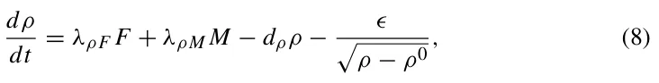 dρ dt = λρF F + λρM M −dρρ − ϵ ρ −ρ0 , (8)