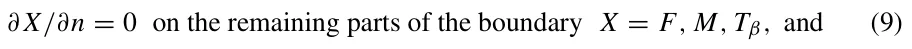 ∂X/∂n = 0 on the remaining parts of the boundary X = F, M, Tβ, and (9)