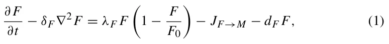 ∂F ∂t −δF∇2F = λF F 1 −F F0 −JF→M −dF F, (1)