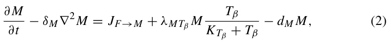 ∂M ∂t −δM∇2M = JF→M + λMTβ M Tβ KTβ + Tβ −dM M, (2)