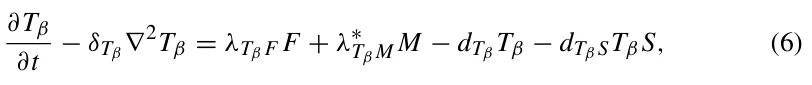 ∂Tβ ∂t −δTβ∇2Tβ = λTβ F F + λ∗ Tβ M M −dTβ Tβ −dTβ STβ S, (6)