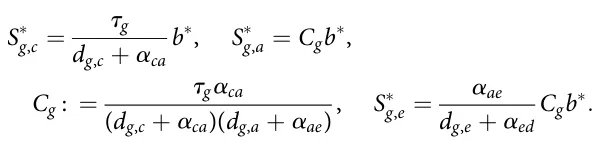 S∗ g,c = τg dg,c + αca b∗, S∗ g,a = Cgb∗, Cg : = τgαca (dg,c + αca)(dg,a + αae) , S∗ g,e = αae dg,e + αed Cgb∗: