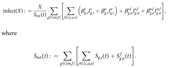 infect(X) : = X Stot(t) ∑ g∈{m,f} ∑ i∈{c,a,e} βs g,iIs g,i + βa g,iIa g,i ( ) + βs,f g,aIs,f g,a + βa,f g,aIa,f g,a , where Stot(t) : = ∑ g∈{m,f } ∑ i∈{c,a,e} Sg,i(t) + S f g,a(t) [ ] :