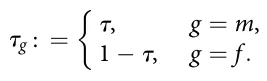 τg : = τ, g = m, 1 − τ, g = f :