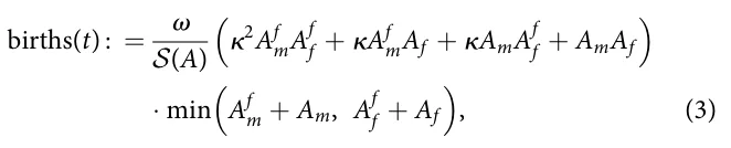 births(t) : = ω 𝒮(A) κ2Af mAf f + κAf mAf + κAmAf f + AmAf ( ) · min Af m + Am, Af f + Af ( ) , (3)