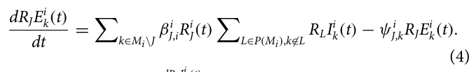dRJEi k(t) dt = X k∈Mi\J βi J,iRi J(t) X L∈P(Mi),k∉L RLIi k(t) −ψi J,kRJEi k(t). (4)